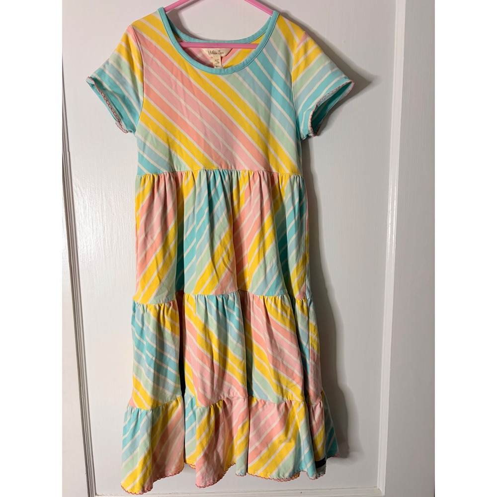 Matilda Jane Girls Tiered Maxi Dress Size 10 Pastel Diagonal Stripe Short Sleeve